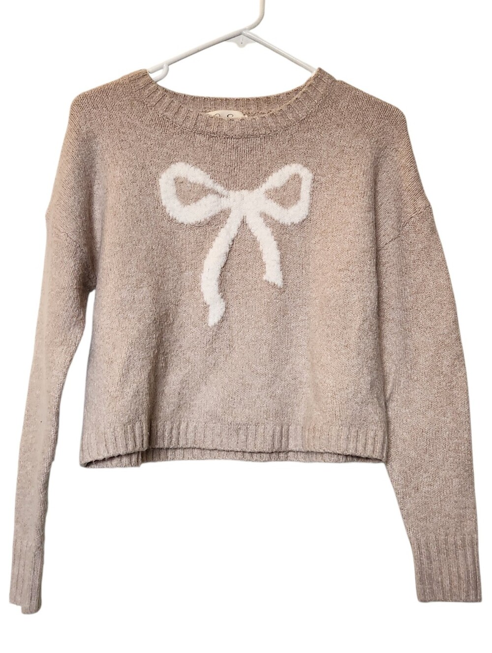 Jessica Simpson Taupe Crewneck Sweater with White Bow Size Small
